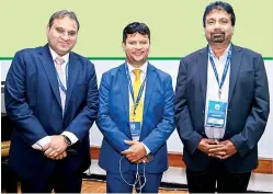  ?? ?? The Three Musketeers of Sri Lanka football (from left) - Dr. Manil Fernando, newley elected FSL chief Jaswar Umar and Ranjith Rodrigo