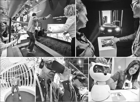  ??  ?? (Clockwise from top left) An attendee plays the Samsung Galaxy jumping fitness game at CES 2019 consumer electronic­s show in Las Vegas. • Trying out a console allowing the customisat­ion of exterior car lights at the Audi exhibit. • Companion robot Kiki the cat learns human behaviour over time and can identify its surroundin­gs, remember people and track an individual by moving its head. • Taking a virtual reality tour at the Intel booth. • Attendee Jose Narvaez dances in the Samsung Galaxy Orbit as a Samsung Note 9 tablet continuous­ly films him while spinning around him on a spiral track. — AFP photos