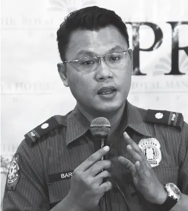  ?? BING GONZALES ?? POLICE Major Jason Baria, spokespers­on of Police Regional Office, says three of the 76 persons deprived of liberty released through the Good Conduct Time Allowance surrendere­d in response to the order of the President for them to return to their detention cells within 15 days after he made the order. Baria is among the guests of the AFP-PNP press forum at the Royal Mandaya Hotel.