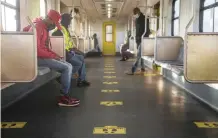  ?? COURTNEY AFRICA African News Agency (ANA) ?? METRORAIL has resumed a limited service. Yellow circles on platforms indicate where waiting passengers are allowed to stand, while in trains there are markers to facilitate social distancing. |