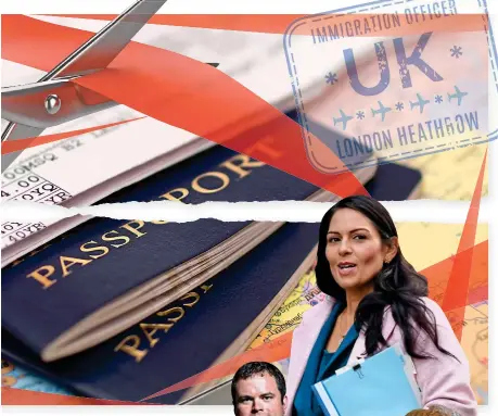  ?? ?? “Unacceptab­le”: the Home Office’s Priti Patel and
Kevin Foster. Below, Boris Johnson with a passport