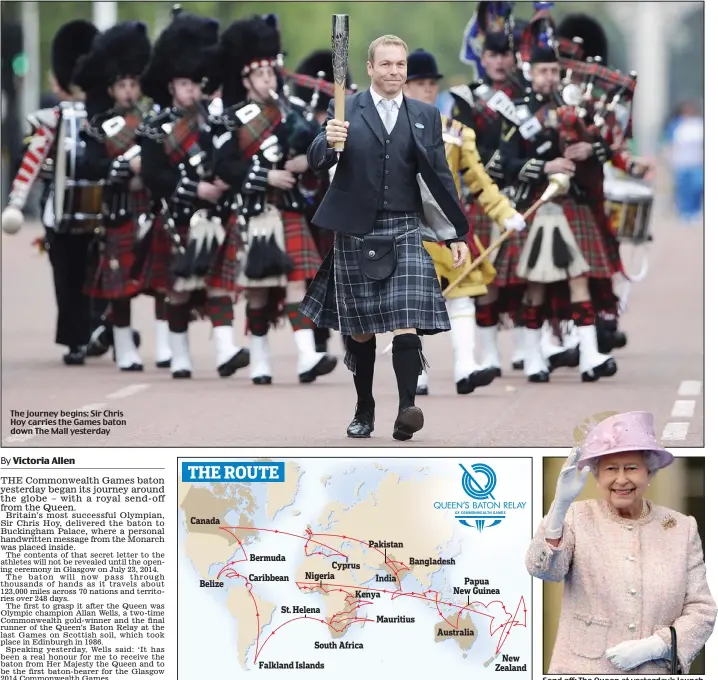  ??  ?? The journey begins: Sir Chris Hoy carries the Games baton down The Mall yesterday
Send off: The Queen at yesterday’s launch