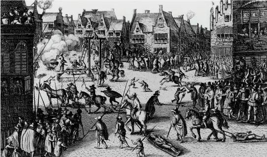  ??  ?? Gunpowder plotters are hanged, drawn and quartered on 31 January 1606. Their body parts were then dispatched around the country