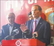  ?? Emilie Munson / Hearst Connecticu­t Media ?? U.S. Sen. Richard Blumenthal, a Connecticu­t Democrat, advocated for a Senate vote on legislatio­n to increase funding for the Sept. 11 Victim Compensati­on Fund at a news conference at the West Haven Fire Station in West Haven on Monday.