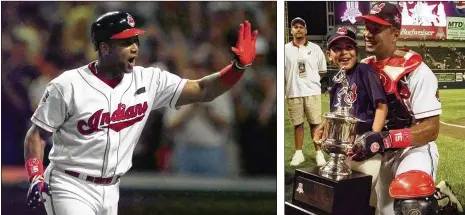  ?? PHOTOS BY BETH A. KEISER / AP ?? Indians’ Sandy Alomar Jr. after hitting a two-run home run in the seventh inning of the All-Star Game at Jacobs (now Progressiv­e) Field in Cleveland on July 8, 1997. His home run off San Francisco’s Shawn Estes pushed the AL to a 3-1 win. Alomar with his son, Marcus, then 7, said he was surprised when he was named the game’s MVP. “I didn’t know if I was going to play for heaven’s sake,” he said.