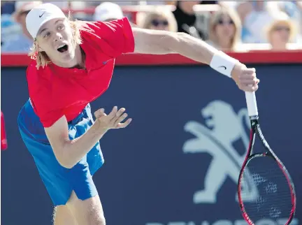  ?? PHOTOS: ALLEN McINNIS ?? Denis Shapovalov, from Richmond Hill, Ont., serves the ball to Juan Martin del Potro during the Rogers Cup in Montreal on Wednesday. Shapovalov, 18, beat del Potro 6-3, 7-6 (4) to advance to the third round, becoming the youngest player to do so since Mats Wilander in 1982.