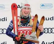  ?? Piermarco Tacca/Associated Press ?? Mikaela Shiffrin celebrates after winning a women’s World Cup slalom event in Spindleruv Mlyn, Czech Republic, on Saturday.