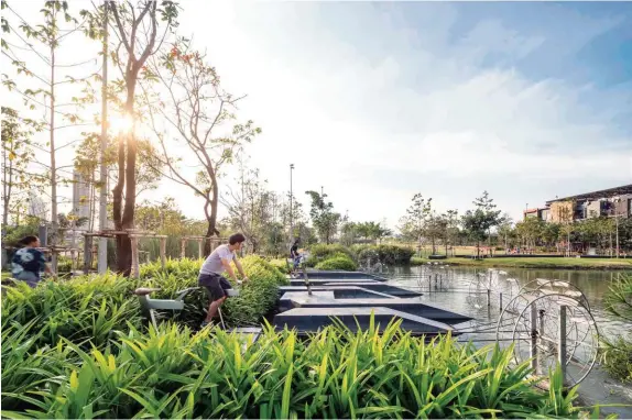  ??  ?? Above: Exercise bikes at Chulalongk­orn University Centennial Park serve the secondary purpose of churning the water in a pond to prevent stagnation, photo by Panoramic Studio / LANDPROCES­S. Opposite: Voraakhom at work in the LANDPROCES­S studio.