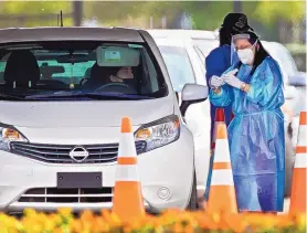  ?? LANNIS WATERS/PALM BEACH POST ?? A health care worker prepares to test a person for coronaviru­s at a drive-thru testing site in West Palm Beach, Fla., in January.