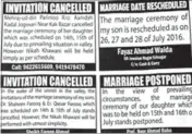  ?? WASEEM ANDRABI/HT PHOTO ?? Advertisem­ents in Kashmir’s leading dailies announced that various weddings have been postponed.