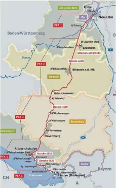  ?? GRAFIK: DEUTSCHE BAHN AG ?? Auf rund 125 Kilometern wird die Bahnstreck­e zwischen Ulm und Lindau elektrifiz­iert. Peter Preischl von der DB ZugBus Regionalve­rkehr Alb-Bodensee (RAB)