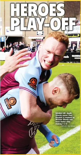  ?? PICTURE: Kev Wilson ?? DOUBLE UP: South Shields scorer Paul Blackett is mobbed by Michael Woods and team-mates after making it 2-0