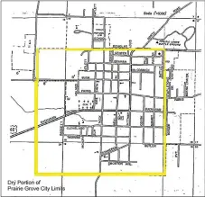  ?? COURTESY PHOTO ?? This map shows the dry portion of Prairie Grove city limits, as far as alcohol sales are concerned. The rest of the city is wet. The section is about one square mile and includes the downtown area. A new committee will circulate petitions for...