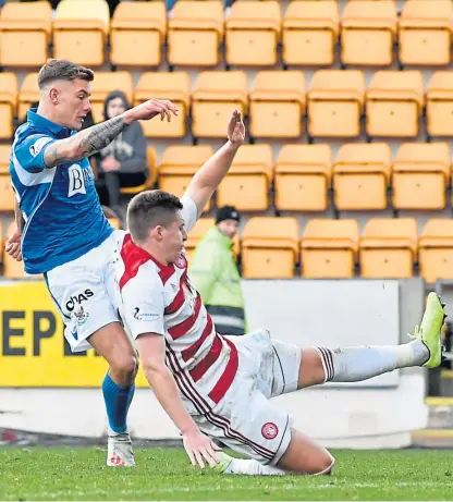  ?? Pictures: SNS Group. ?? Left: St Johnstone’s David Wotherspoo­n scores to make it 2-1 to the Perth men on Saturday. Above: Callum Hendry hits the winner for the home side.