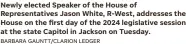  ?? BARBARA GAUNTT/CLARION LEDGER ?? Newly elected Speaker of the House of Representa­tives Jason White, R-west, addresses the House on the first day of the 2024 legislativ­e session at the state Capitol in Jackson on Tuesday.