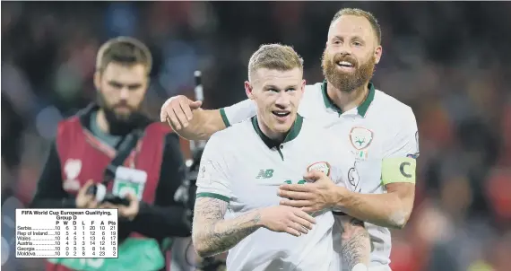  ??  ?? Former Sunderland men James McClean and David Meyler celebrate last night’s win which puts the Republic of Ireland into the World Cup play-offs.