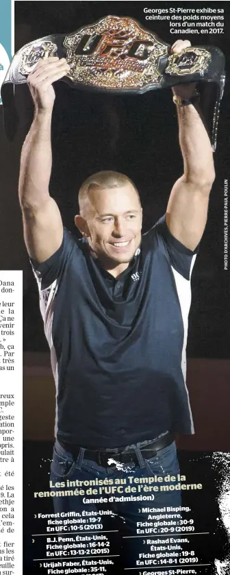  ??  ?? Georges St-Pierre exhibe sa ceinture des poids moyens lors d’un match du Canadien, en 2017.