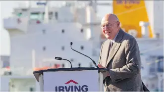  ?? STRINGER/THE CANADIAN PRESS ?? Arthur Irving, chairman of Irving Oil, takes to the podium during the grand opening of the Halifax harbour terminal in Dartmouth, N.S., on Thursday.