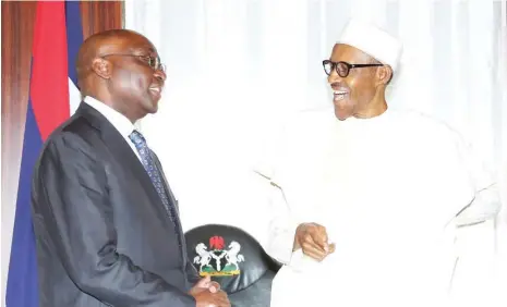  ??  ?? President Muhammadu Buhari (right) and Former President, African Developmen­t Bank, Donald Kaberuka during an audience at the Presidenti­al Villa, Abuja yesterday. Photo: Felix Onigbinde