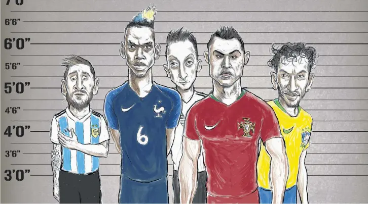  ?? Illustrati­on: Carlos Amato ?? TOPPING THE BILL Lionel Messi of Argentina, Paul Pogba of France, Mesut Özil of Germany, Cristiano Ronaldo of Portugal and Neymar of Brazil.