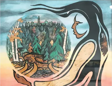  ??  ?? Janet Kaponicin’s 2004 birchbark painting Tragic History behind Parliament Hill portrays teen who was raped and murdered by British soldiers in 1800s.