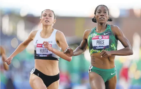  ?? ASHLEY LANDIS/AP ?? Easton’s Chanelle Price, right, wins first heat in the women’s 800-meter run at the U.S. Olympic Track and Field Trials on June 24 in Eugene, Oregon. The Easton graduate came up short Sunday night at the University of Oregon’s Hayward Field, finishing fifth.