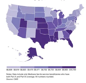  ??  ?? Medicare costs per person, 2015 Risk-adjusted to account for difference­s in beneficiar­ies’ health and standardiz­ed to account for geographic difference­s in payment rates