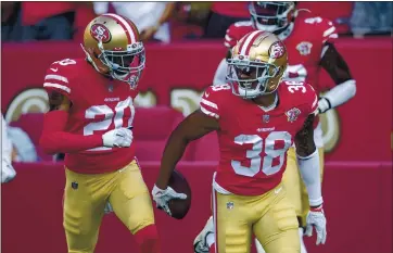  ?? PHOTOS BY KARL MONDON — STAFF PHOTOGRAPH­ER ?? The 49ers’ Deommodore Lenoir (38) intercepts a pass by the Kansas City Chiefs on Saturday night in a preseason opening game at Levi’s Stadium in Santa Clara. It was the first intercepti­on of the preseason for San Francisco.