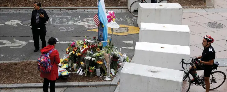  ??  ?? PROTECTIVE BARRIERS are placed along a bike path near a memorial to remember the victims of the New York October 31 attack, in New York City.