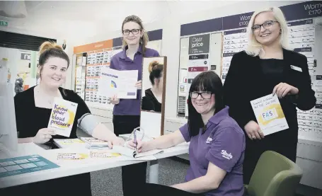  ??  ?? Vision Express Sunderland team members Toni Goldsmith and Chelsey Veale with Stroke Associatio­n’s Rebecca Girvan and Hannah Parrington.