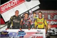  ?? COURTESY THUNDER ON THE HILL RACING SERIES ?? Race winner Kyle Larson, center, poses with Greg Hodnett, left, and Kasey Kahne, right, after the 410 sprint race at Grandview Speedway during Pa. Speedweek on July 3.