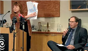  ?? STUFF ?? Broadcasti­ng Minister Clare Curran outlines the funding decision yesterday, accompanie­d by RNZ chief executive Paul Thompson.