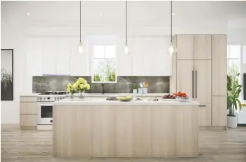  ??  ?? Kitchens feature flat-panel cabinetry and black matte hardware on the integrated appliances.