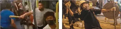  ??  ?? Violence: an attacker brandishes a wooden pole on the train, far left. Left, a protester wearing a gas mask during the clash with police in central Hong Kong, right. Inset, a victim of the station attack