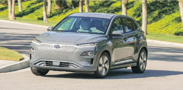  ?? HYUNDAI ?? The 2019 Hyundai Kona EV, which employs an electric motor with a single-speed transmissi­on and a 64-kWh lithium-ion battery, has a driving range of 415 kilometres.