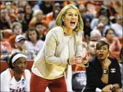  ?? STAFF AND GETTY IMAGES FILE PHOTOS ?? Coach Karen Aston’s Longhorns will face Geno Auriemma’s UConn team Jan. 15 at the Erwin Center. The Huskies were upset by Mississipp­i State in the Final Four last season.