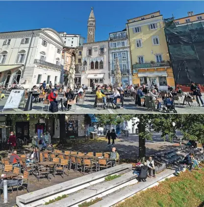  ?? Fotografij­i Jože Suhadolnik, Voranc Vogel ?? V Piranu (zgoraj), ki je spadal v oranžno regijo, so včeraj gostinski lokali še normalno obratovali, v Ljubljani (spodaj) so zaprli vrata.