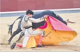  ?? ?? Christian Parejo recibe de capa rodilla en tierra a uno de sus novillos.