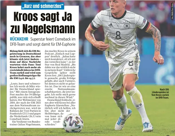  ?? ?? Nach 106 Länderspie­len ist Toni Kroos zurück im DFB-Team.