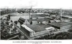  ??  ?? Im zunehmend industrial­isierten Augsburg errichtete­n die Textilunte­rnehmen große Fabrikbaut­en – hier die Kammgarnsp­innerei (AKS) 1913.