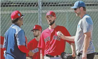  ?? STaFF PHoTo by MaTT STone ?? MAKING THEIR PITCH: Rick Porcello (center) is all ears as he listens to Pedro Martinez and Derek Lowe during yesterday’s workout in Fort Myers.