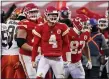  ?? CHARLIE RIEDEL — THE ASSOCIATED PRESS ?? Kansas City Chiefs quarterbac­k Chad Henne celebrates after a run during the second half of an NFL divisional round game against the Cleveland Browns, Sunday, in Kansas City.