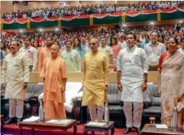  ??  ?? Uttar Pradesh chief minister Yogi Adityanath with other delegates at the orientatio­n session of Gautam Buddha University in Greater Noida on Friday.