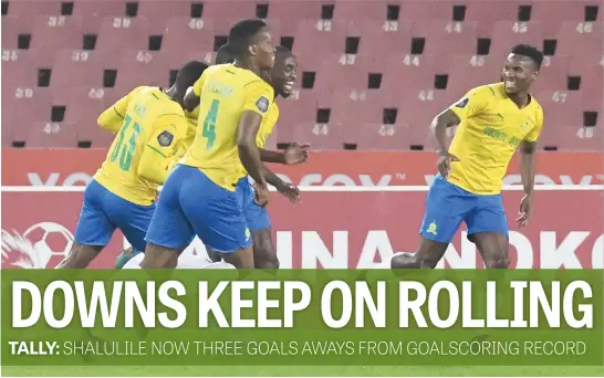  ?? Picture: Gallo Images ?? TEAM SPIRIT. Mamelodi Sundowns players celebrate after Aubrey Modiba scored a goal during their DStv Premiershi­p match against Sekhukhune United at Ellis Park last night.