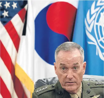  ?? Picture: AP. ?? General Joseph Dunford at the US Army garrison in Yongsan, Seoul, South Korea. He is warning the US is ready to use the “full range” of its capabiliti­es to defend itself.