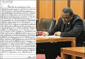  ?? CLEVELAND.COM ?? Defense attorney Anthony Baker writing out two sentences 25 times promising not to act out in court after Cuyahoga County Common Pleas Court Judge Nancy Fuerst held him in contempt. Left is the first page of a copy of his writings that were filed with the court.