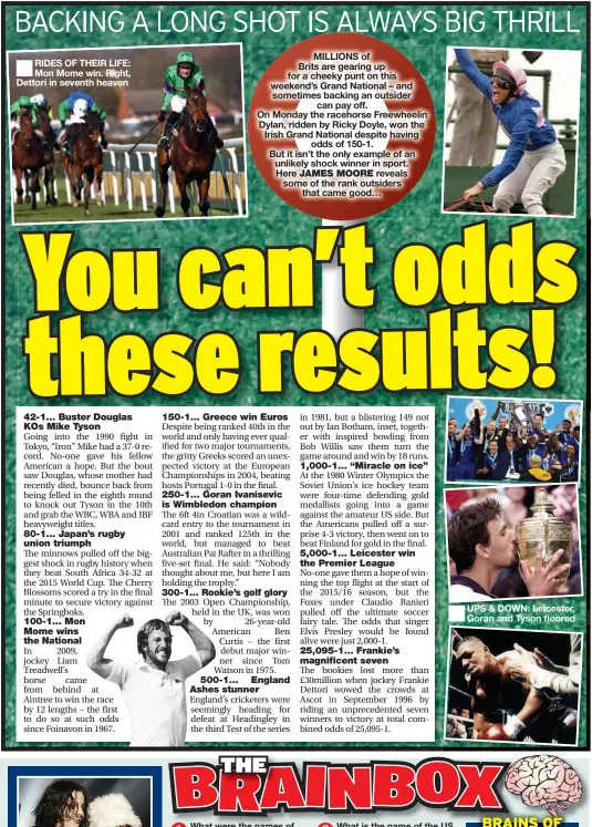  ??  ?? RIDES OF THEIR LIFE: Mon Mome win. Right, Dettori in seventh heaven
UPS & DOWN: Leicester, Goran and Tyson floored