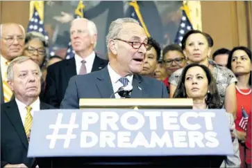 ?? Aaron P. Bernstein Getty Images ?? SENATE Minority Leader Charles E. Schumer (D-N.Y.), with an assist from Rep. Nancy Pelosi of San Francisco, had struck a tentative deal with President Trump last month for legislatio­n to protect the “Dreamers.”