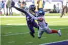  ??  ?? Baltimore Ravens cornerback Marlon Humphrey breaks up a pass intended for New York Giants wide receiver Austin Mack during the second quarter of Sunday’s game. Photograph: Patrick Smith/Getty Images