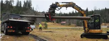  ??  ?? GAMLE STOLPER: Glenn Åge Woldengen løfter en frisk stokk opp på lastebilen. Men noen stolper brekker når han tar dem ned med kloa.